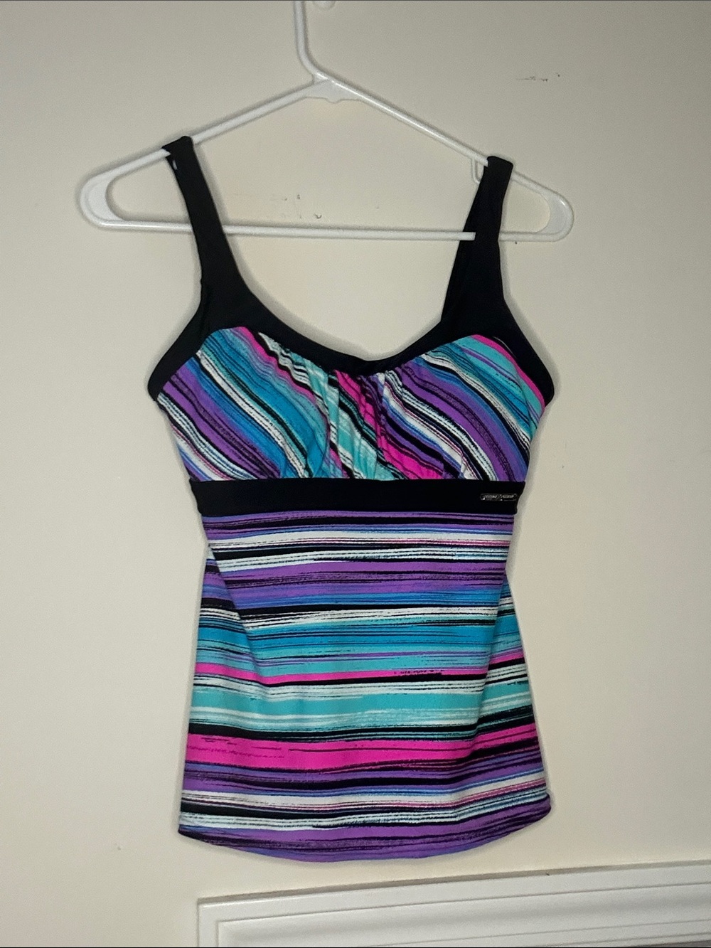 ZeroXposur Striped Tankini Swim Tank in Teal, Purple, Pink and Black